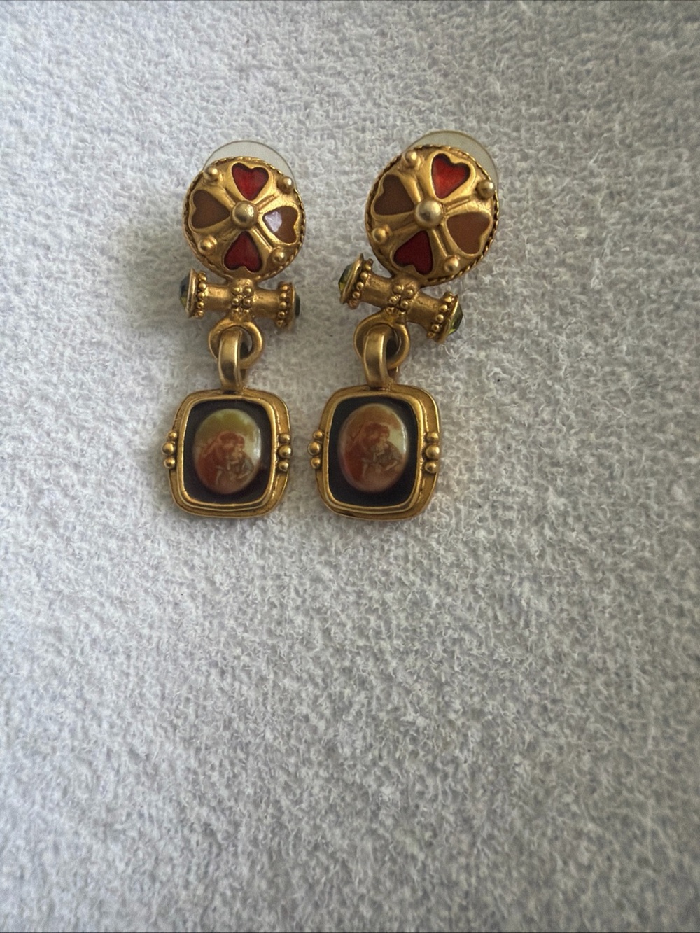 Gold-Tone Drop Earrings with Red Enamel Accents
